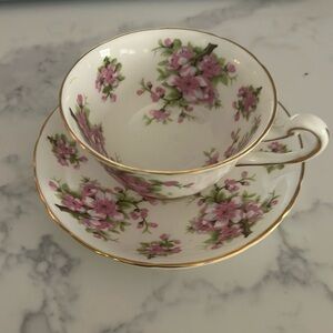 Royal Chelsea Fine Bone China teacup and saucer. Pink apple blossom floral.